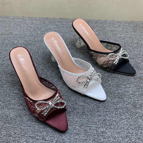 蕾丝高跟鞋水钻细跟拖鞋