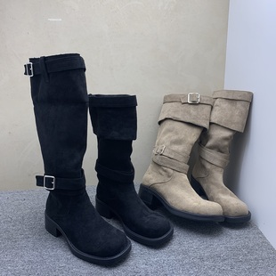 两穿褶皱堆堆靴显瘦厚底长靴秋冬西部靴高筒骑士靴子 39码 35码 36码