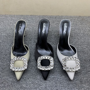 新款包头半拖鞋女春外穿高跟鞋细跟水钻尖头穆勒鞋法式高级感凉拖