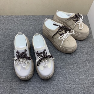 厚底休闲板鞋 鞋 小个子松糕包头半拖鞋 女2025新款 底轻内增高德训鞋