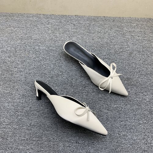 法式缎面尖头蝴蝶结包头半拖女