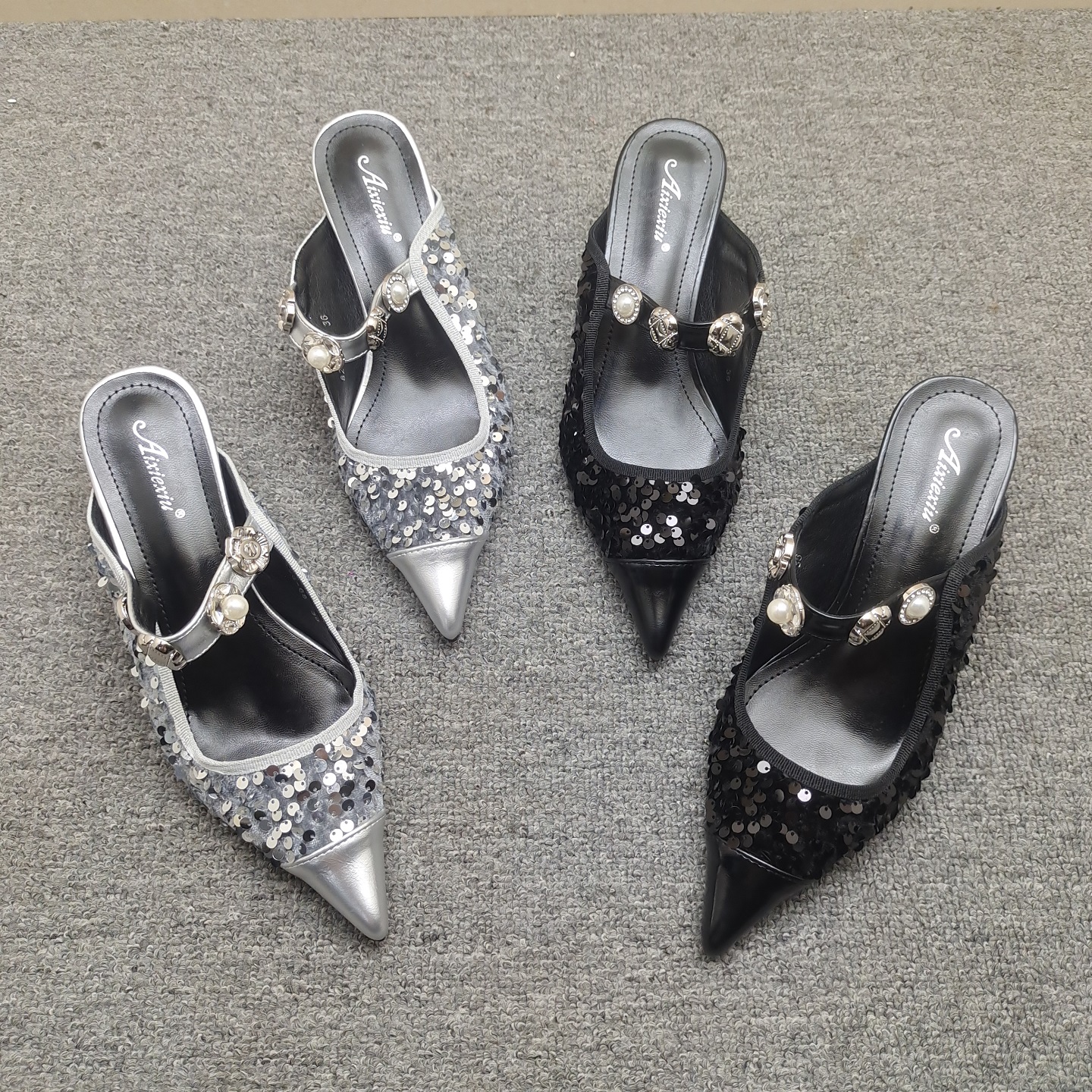 亮片细跟尖头包头拖鞋