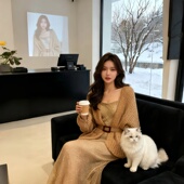 针织开衫 毛晓彤同款 棕色宽松灯笼袖 外套女秋冬慵懒时髦毛衣上衣