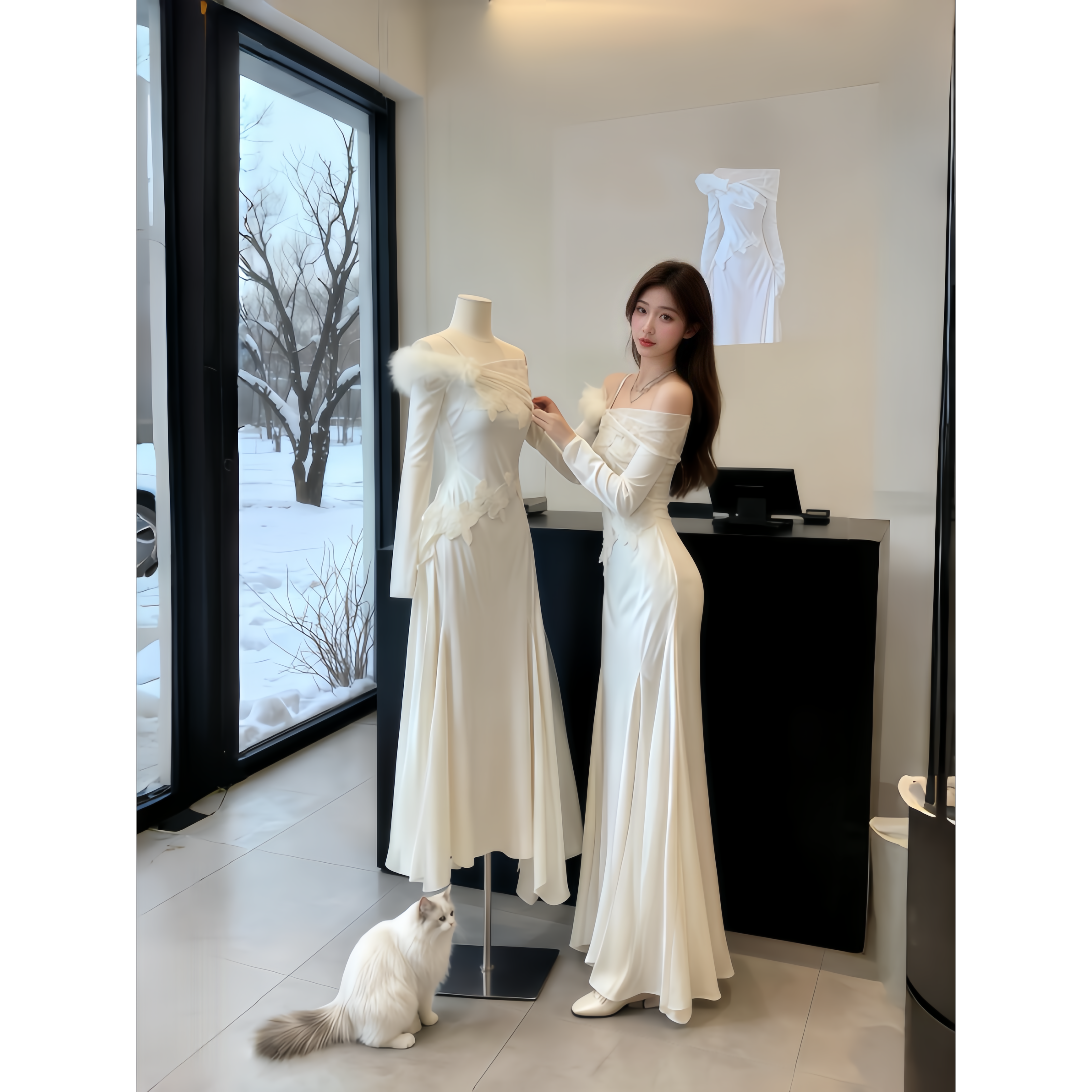 法式温柔风蕾丝拼接长袖连衣裙秋冬季约会穿搭独特绝美包臀鱼尾裙