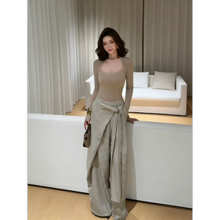 韩系性感假两件镂空长袖针织衫女氛围感气质打底衫上衣阔腿裤套装