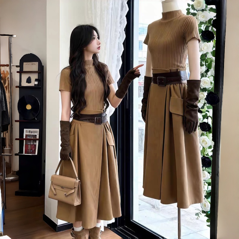 【哈妮克孜同款】爆款高级感气质高领短袖针织衫半身裙两件套女秋,女装/女士精品,时尚套装,淘宝优惠券,粉丝福利购,淘宝优惠卷