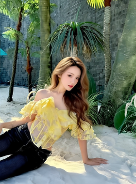 荷叶边黄色网纱吊带背心女夏辣妹一字肩鱼骨抹胸上衣独特绝美衬衫