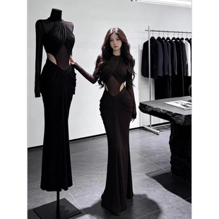 设计感辣妹修身网纱镂空连衣裙女春秋新款性感御姐风气质收腰长裙