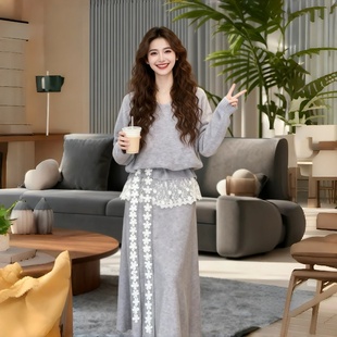 新款 长裙2025冬季 巨好看针织毛衣半身裙一整套 温柔风紫色套装 法式