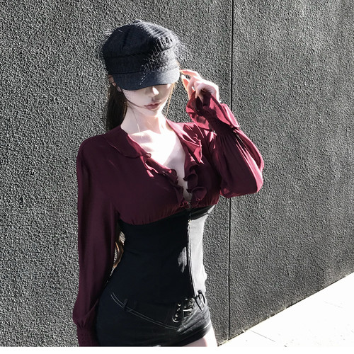 小众雅痞V领荷叶边长袖衬衣