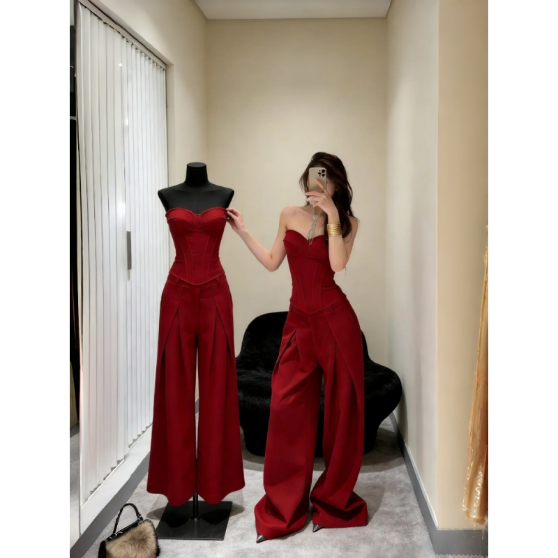 红色复古纯欲套装女秋冬2026新款百搭抹胸上衣高腰阔腿裤子两件套,女装/女士精品,时尚套装,淘宝优惠券,粉丝福利购,淘宝优惠卷
