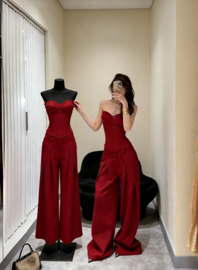 红色复古纯欲套装女秋冬2026新款百搭抹胸上衣高腰阔腿裤子两件套