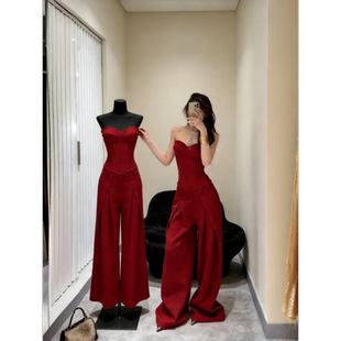 红色复古纯欲套装女秋冬2026新款百搭抹胸上衣高腰阔腿裤子两件套