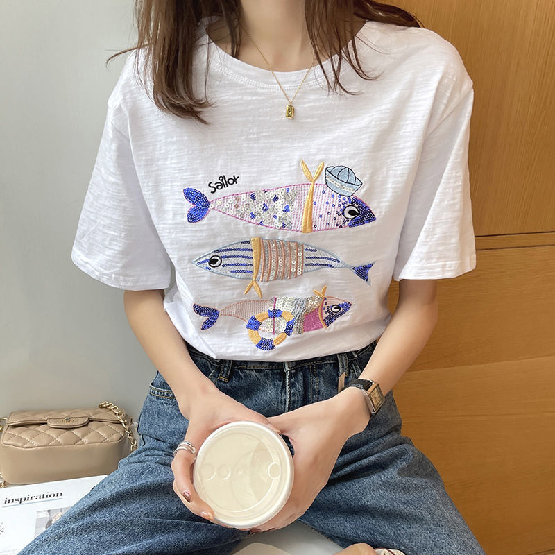 2025新款竹节棉白色短袖t恤女夏季韩版宽松亮片刺绣体桖上衣ins