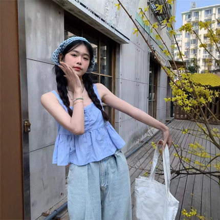原版面料  盐系甜美少女短款吊带背心女减龄洋气修身荷叶边上衣