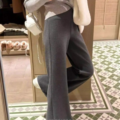 黑豆哼哼 曲线moment*宽腰头加绒休闲裤百搭显瘦松紧腰微喇裤女冬
