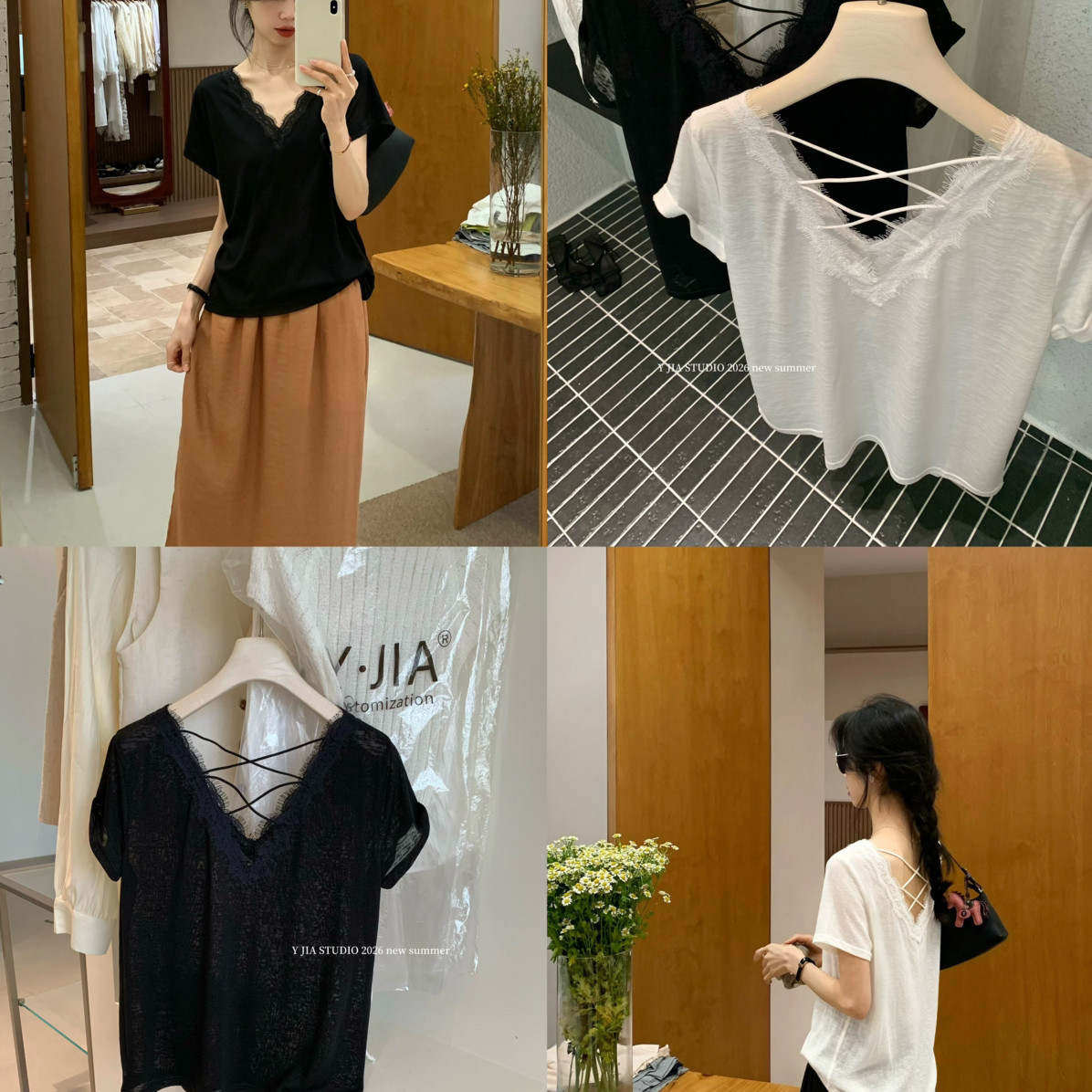 惠顺服装店—蕾丝v领交叉露背百搭宽松显瘦短袖T恤