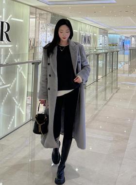 橙子太太定制 苏力羊驼毛高级感浅灰色双排扣阔肩西装领长款大衣