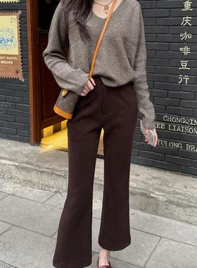 橙子太太定制复古咖啡色针织面料高腰一颗扣九分微喇裤显瘦长裤女