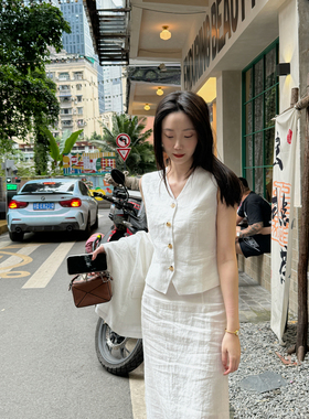 橙子太太定制 夏季新款复古老钱亚麻白色V领气质短款背心马甲女