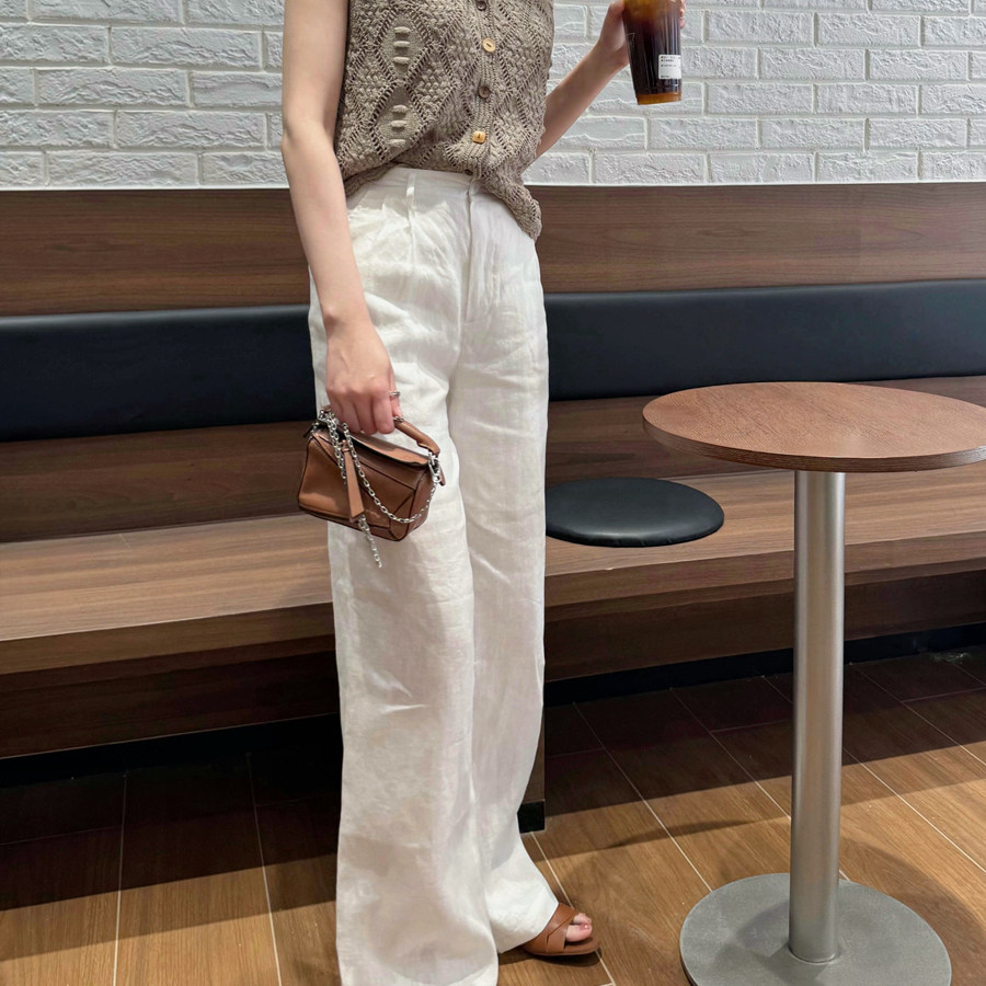 橙子太太定制 休闲白色亚麻阔腿裤女夏季新款老钱风松弛感亚麻裤
