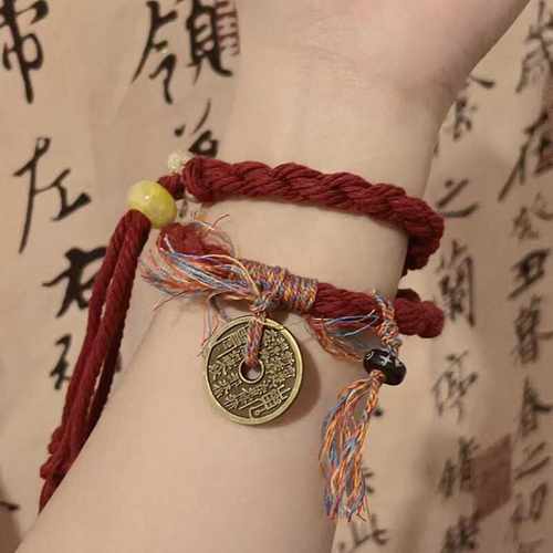 新中式山鬼花钱编织手绳百搭复古风纯手工绳国潮手链衍生铜钱手饰