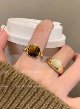 琥珀玛瑙色天然石戒指小众设计感复古气质食指戒时尚个性精致指环