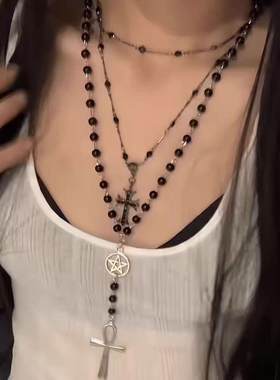 复古黑珠十字架项链双层叠戴朋克ins高级哥特暗黑风甜酷辣妹颈链