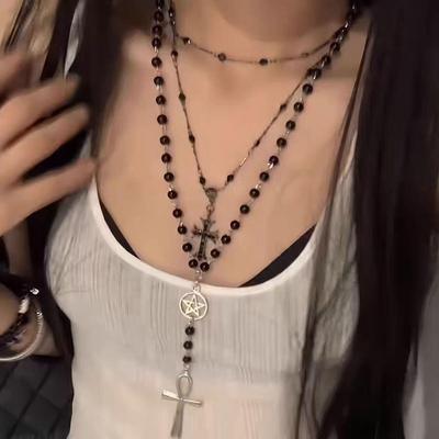 复古黑珠十字架项链双层叠戴朋克ins高级哥特暗黑风甜酷辣妹颈链