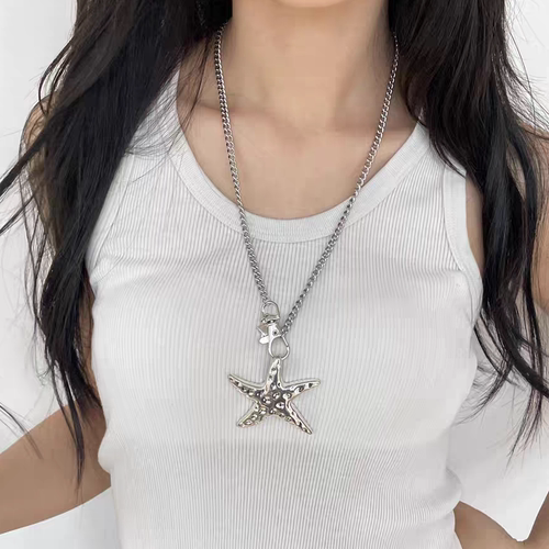 复古甜酷小众银色海星吊坠项链女y2k辣妹做旧废土风五角星锁骨链