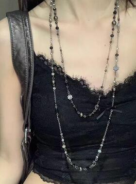 复古辣妹做旧长款双层链项链波西米亚民族风锁骨链花朵串珠毛衣链