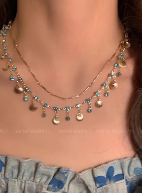 2024年新款双层蓝钻贝壳流苏项链高级感choker颈链小众锁骨链配饰