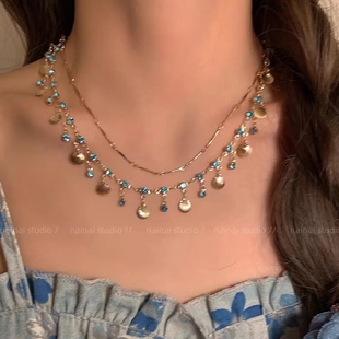 2024年新款 双层蓝钻贝壳流苏项链高级感choker颈链小众锁骨链配饰