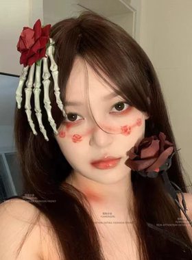 万圣节骷髅手爪边夹头饰少女哥特手骨小众暗黑风个性玫瑰恐怖发夹