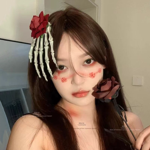 万圣节骷髅手爪边夹头饰少女哥特手骨小众暗黑风个性玫瑰恐怖发夹