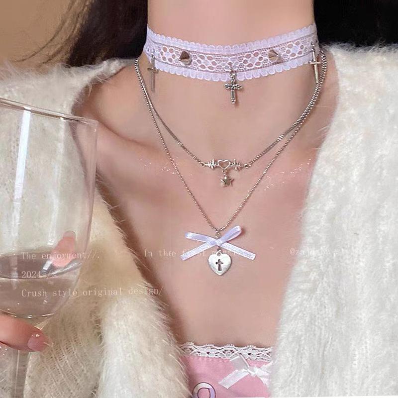 芭蕾风纯欲蕾丝双层叠戴项链甜酷辣妹高级轻奢小众设计锁骨链颈链