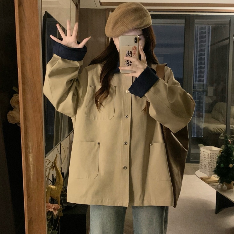 实拍复古拼接撞色风衣女