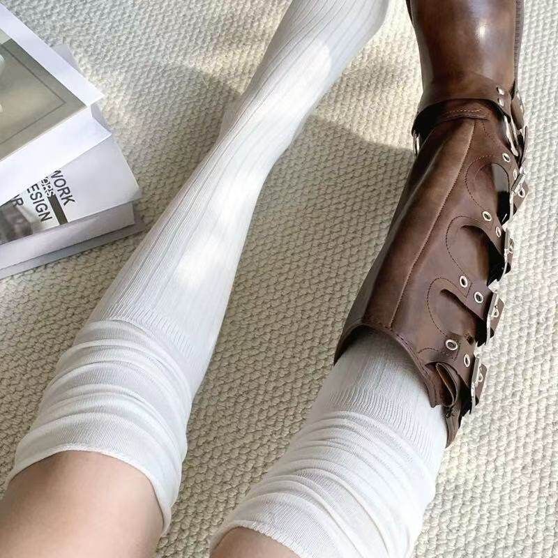 日系白色小腿过膝风长筒靴袜女