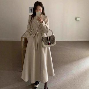 韩国东大门双面羊毛大衣中长款收腰大裙摆风衣款气质羊毛呢外套