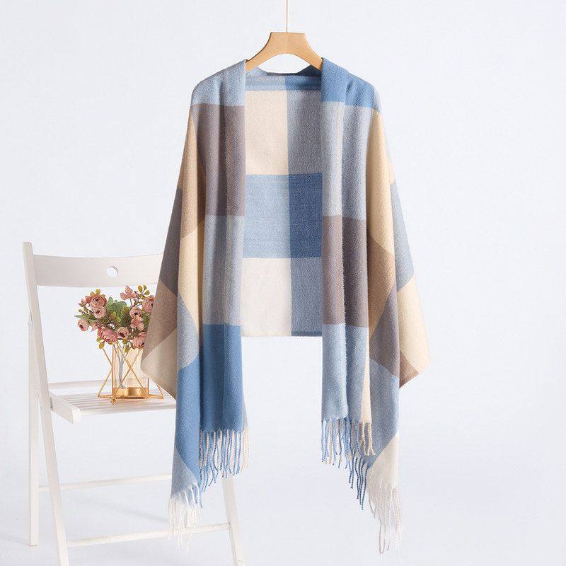 仿羊绒原宿围脖韩版秋冬季学生百搭格子长款围巾两用女士披肩加厚