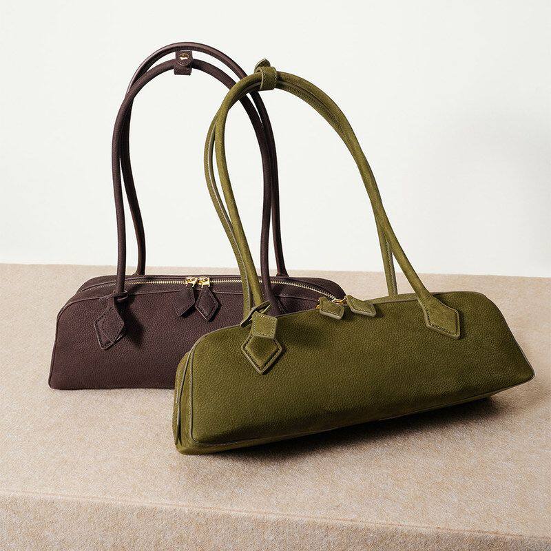 轻奢高级感麂皮手提包春新款牛皮腋下女包单肩包法棍包复古风百搭