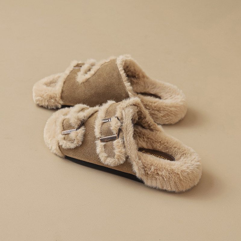 牛皮威威加绒女郎穿厚底一字拖