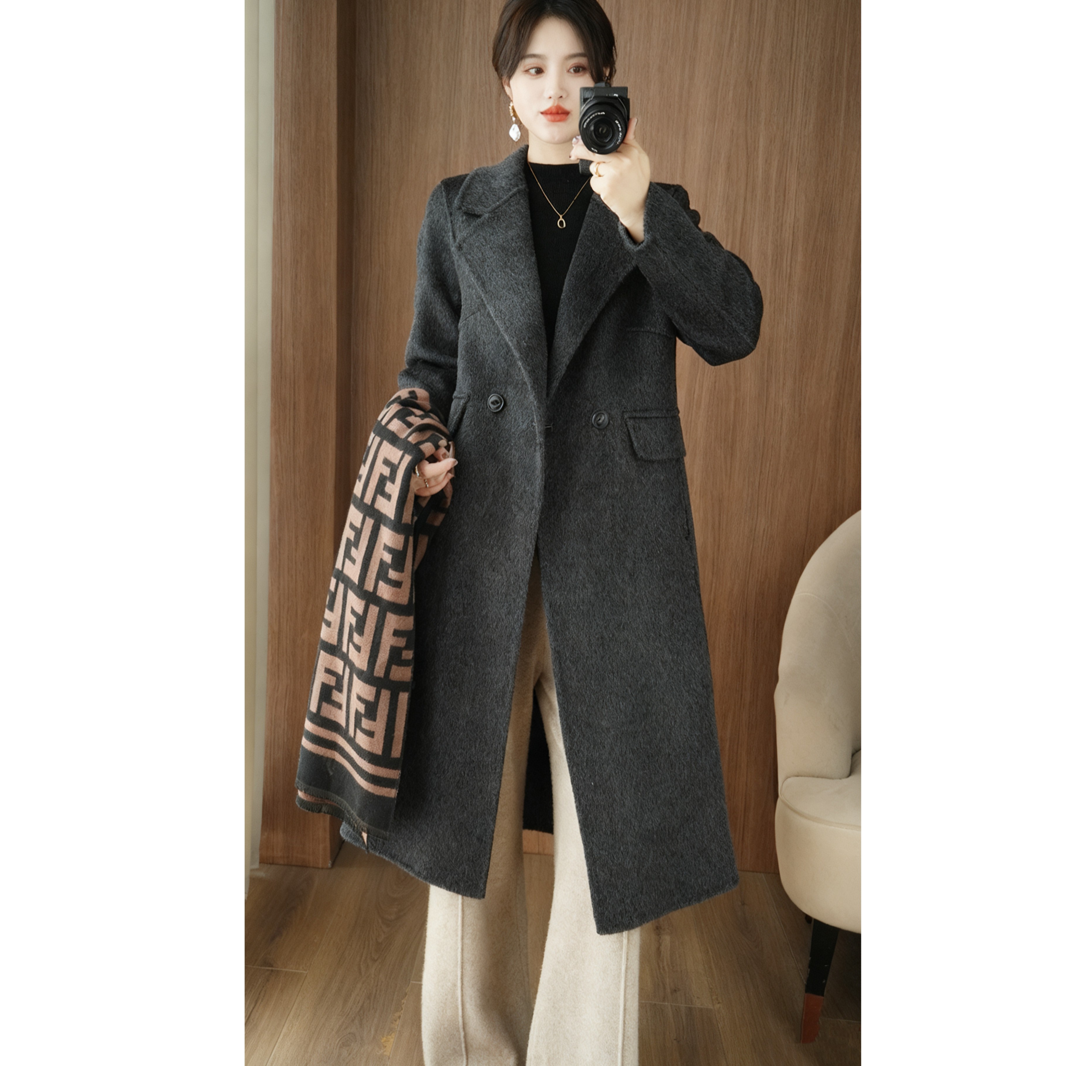 2025秋冬新款双面羊绒大衣女中长款宽松加厚韩版西装领纯羊毛外套
