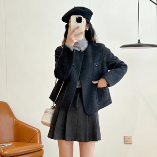 2026春秋冬新款学院风双面纯羊毛呢外套女短款灰色百搭小香风上衣