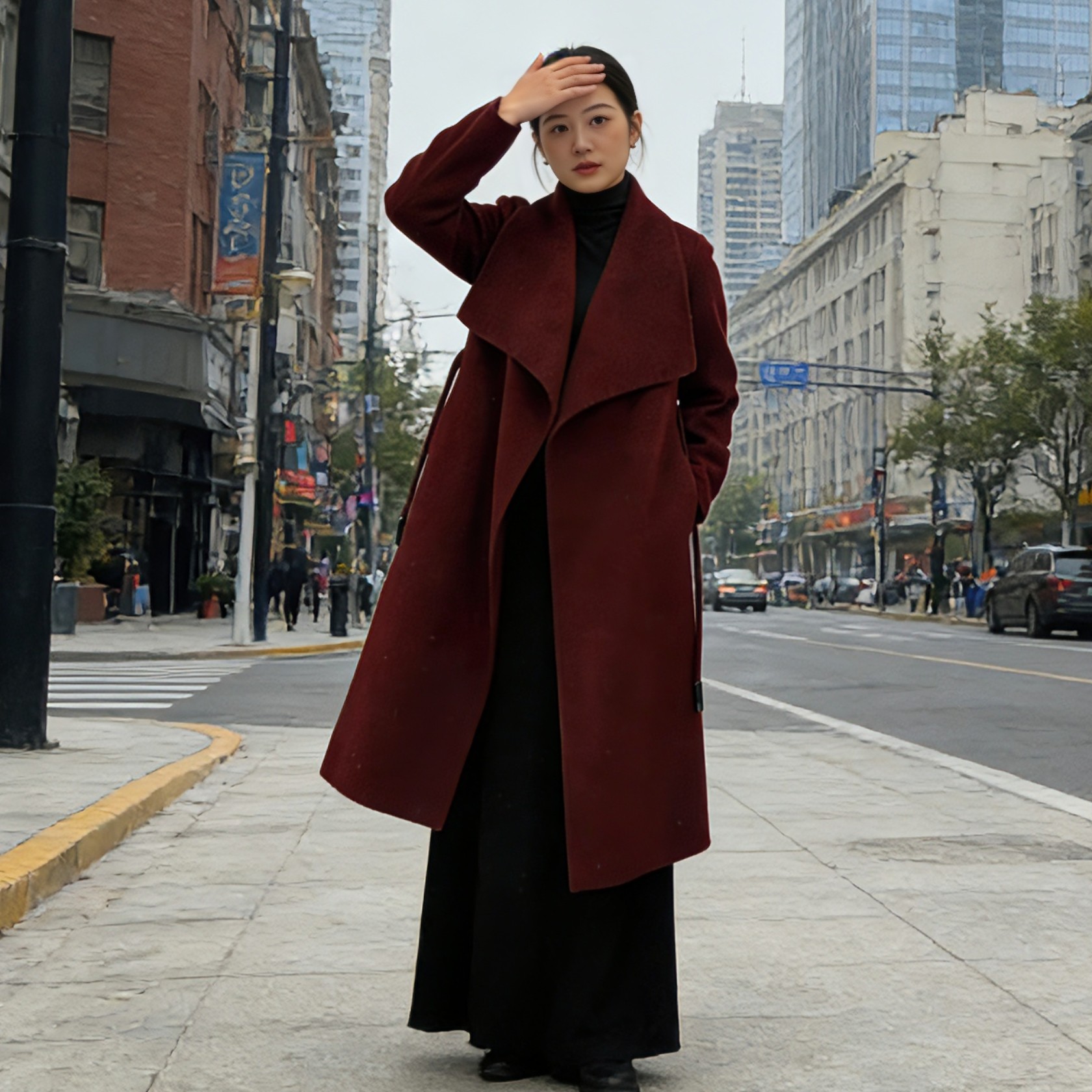 红色新款极简风双面羊毛呢大衣女中长款大翻领宽松气质羊驼毛外套