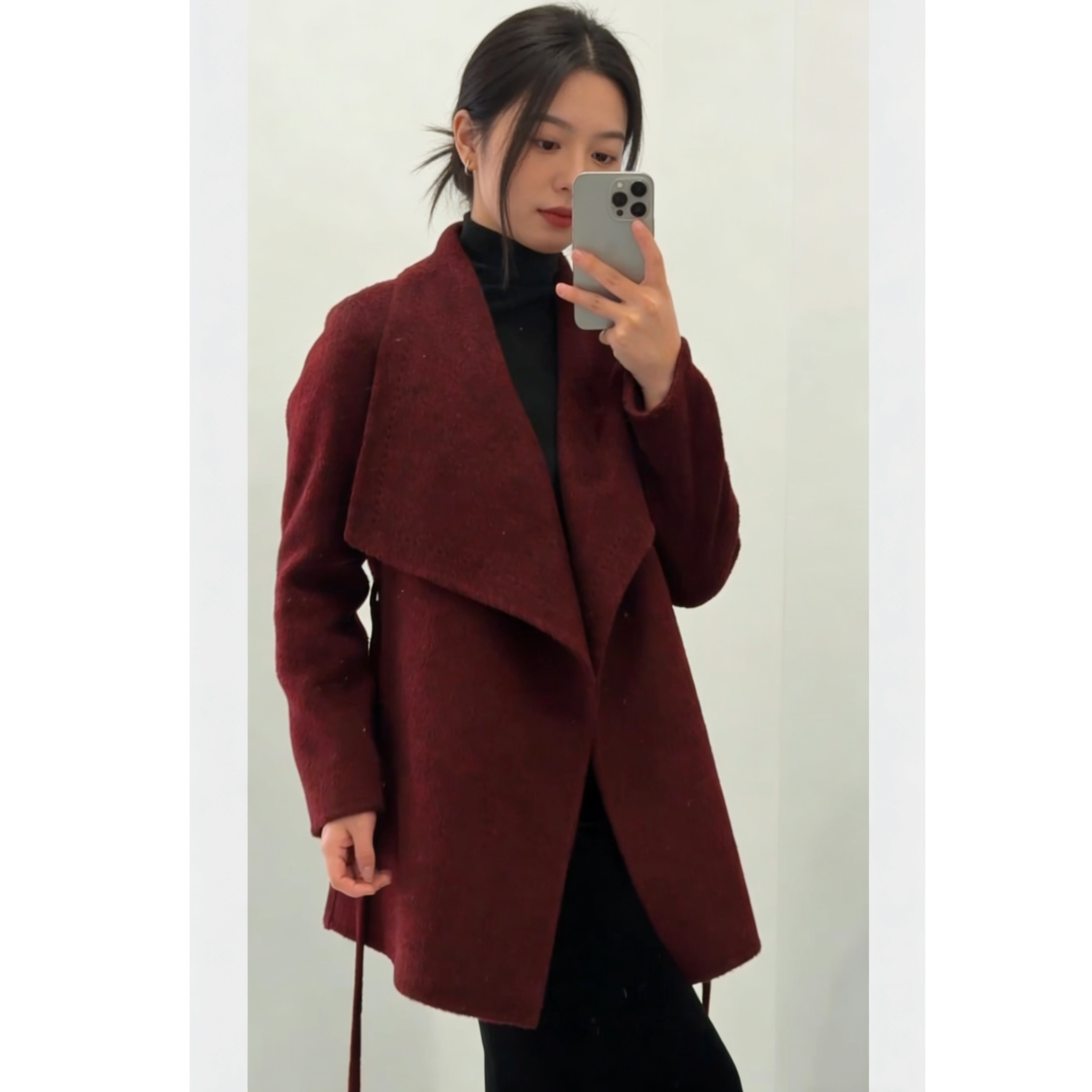 秋冬新款极简风时尚上衣羊驼毛大衣女短款双面红色小个子羊毛外套