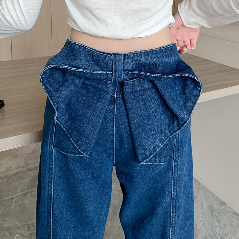 刘亦菲同款后腰蝴蝶结牛仔裤女2025年春季新款高腰显瘦宽松直筒裤