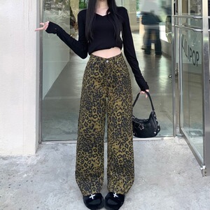 美式复古豹纹牛仔裤女春秋季2025新款高腰显瘦直筒裤宽松阔腿裤子