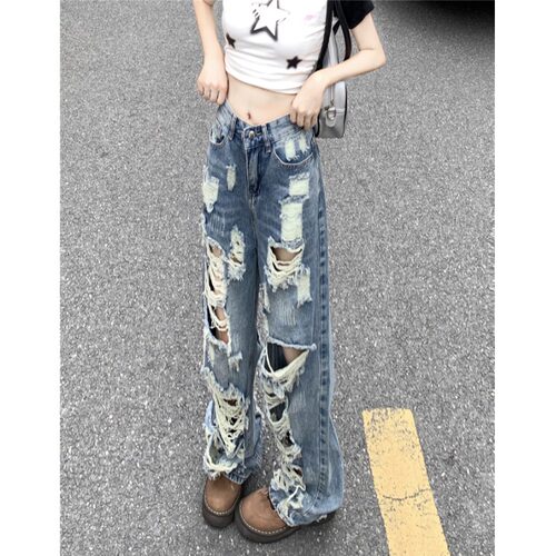 高街复古乞丐破洞直筒牛仔裤子女