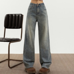 高个子175cm加长牛仔裤女春秋季2026新款烫钻高腰显瘦宽松直筒裤